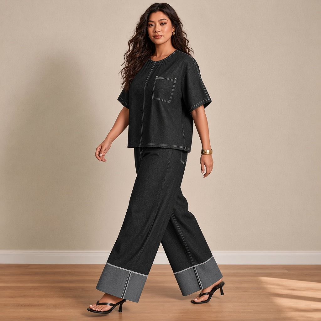 Ensemble chambray tee-shirt ample et pantalon large, noir, porté en marchant – SAKIWÉ