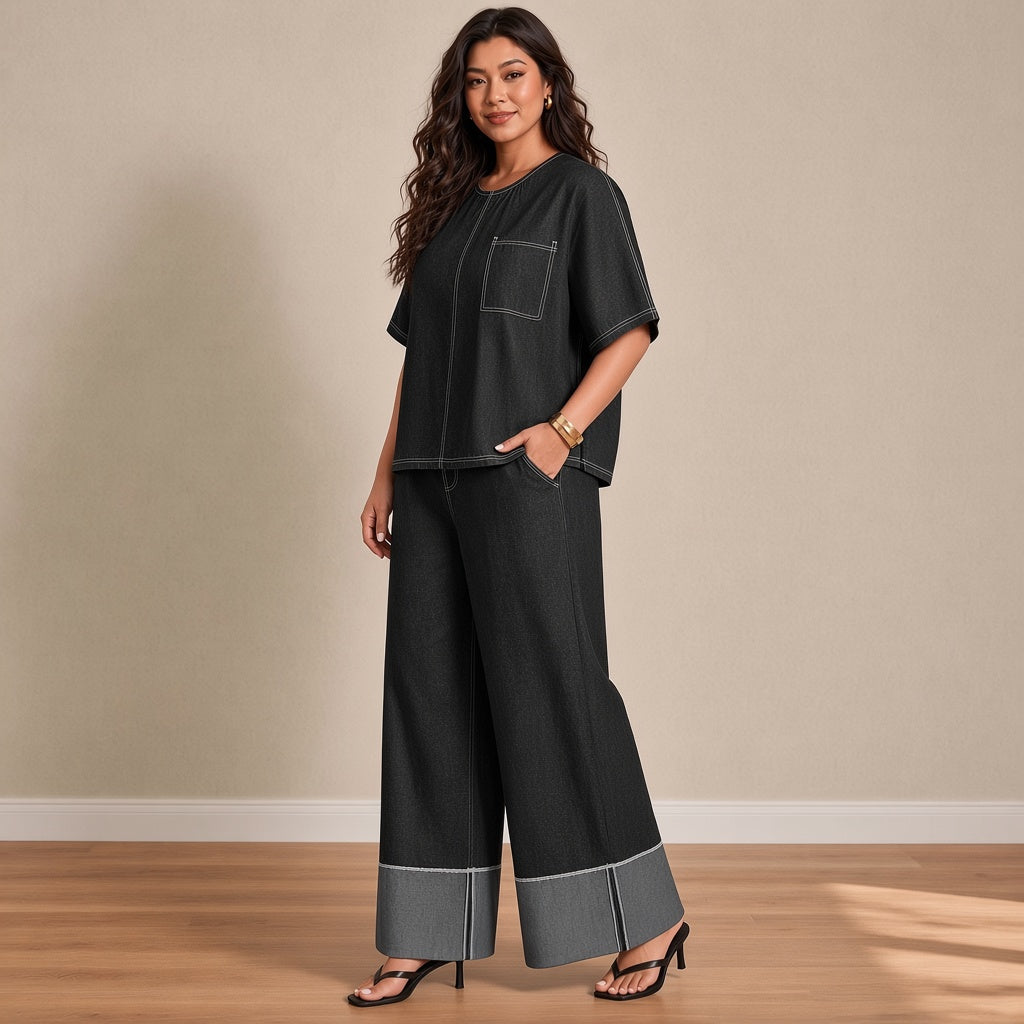 Ensemble chambray tee-shirt ample et pantalon large, noir, vue de trois-quarts – SAKIWÉ