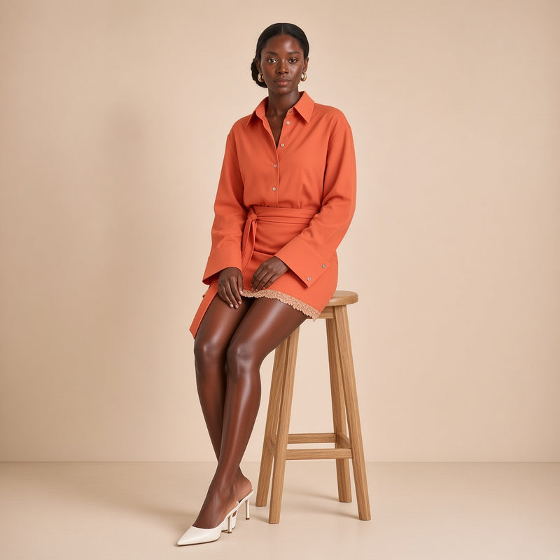 Ensemble orange corail, assise sur un tabouret