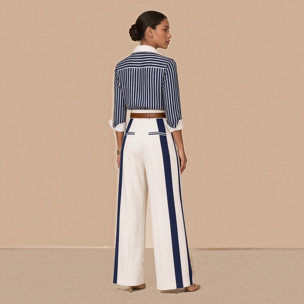 Ensemble chemise rayée et pantalon large à bandes avec ceinture SAKIWE, bleu marine et blanc, vu de dos