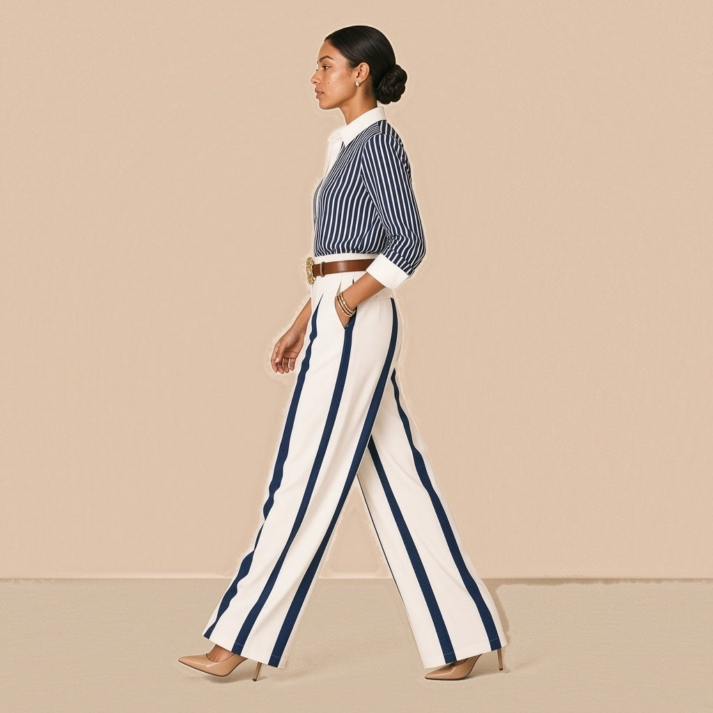 Ensemble chemise rayée et pantalon large à bandes avec ceinture SAKIWE, bleu marine et blanc, de profil en marchant