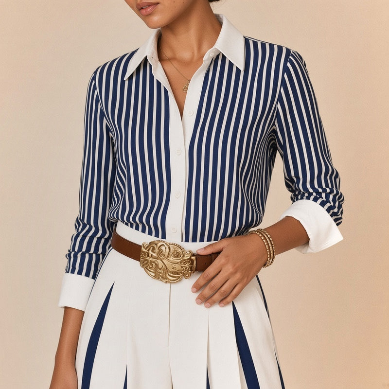 Ensemble chemise rayée et pantalon large à bandes avec ceinture SAKIWE, bleu marine et blanc, détail de la chemise et de la ceinture à boucle dorée