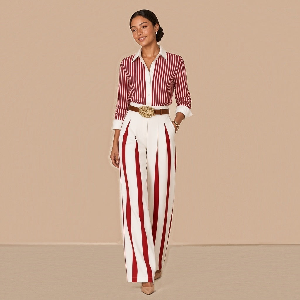 Ensemble chemise rayée et pantalon large à bandes avec ceinture SAKIWE, rouge et blanc, de face en marchant