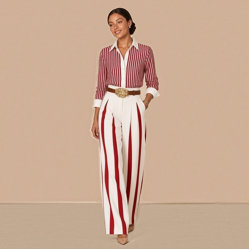 Ensemble chemise rayée et pantalon large à bandes avec ceinture SAKIWE, rouge et blanc, de face en marchant