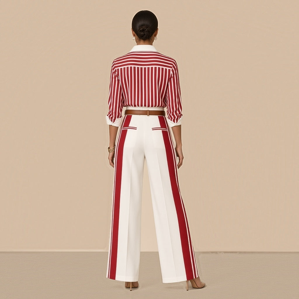 Ensemble chemise rayée et pantalon large à bandes avec ceinture SAKIWE, rouge et blanc, vu de dos