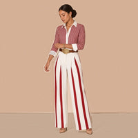 Ensemble chemise rayée et pantalon large à bandes avec ceinture SAKIWE, rouge et blanc, de trois quarts