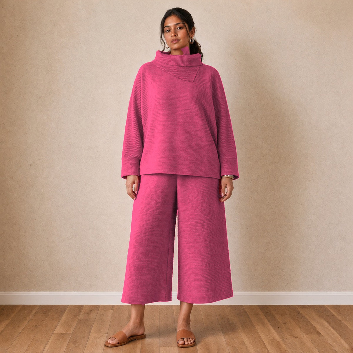 Ensemble haut chauve-souris plissé et pantalon large court, fuchsia, vue de face – SAKIWÉ