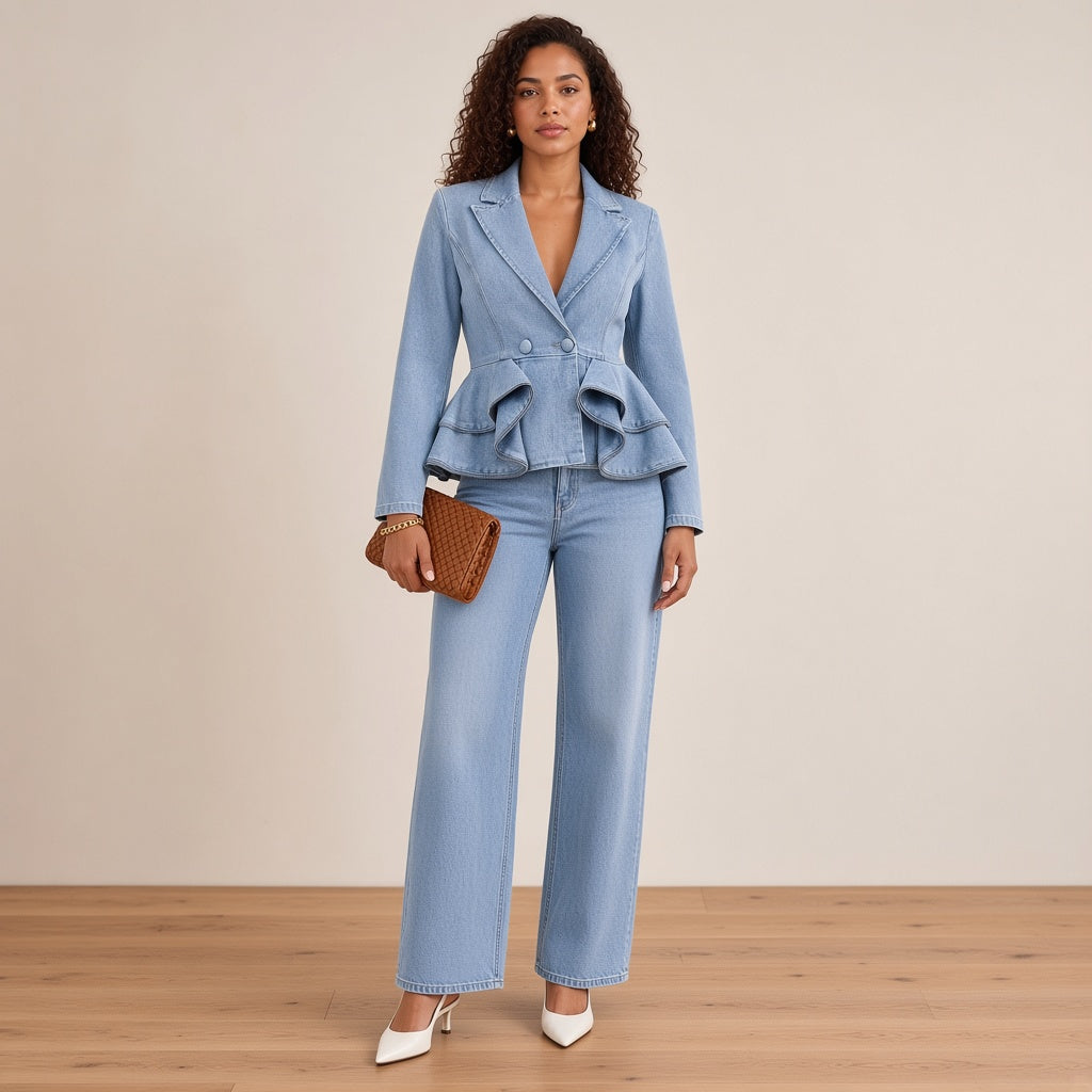 Ensemble en jean bleu clair blazer à double basque volantée et jean large, vue de face en pied – SAKIWÉ