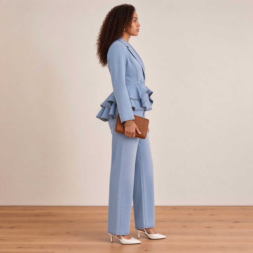 Ensemble en jean bleu clair à basque volantée, vue de profil – SAKIWÉ