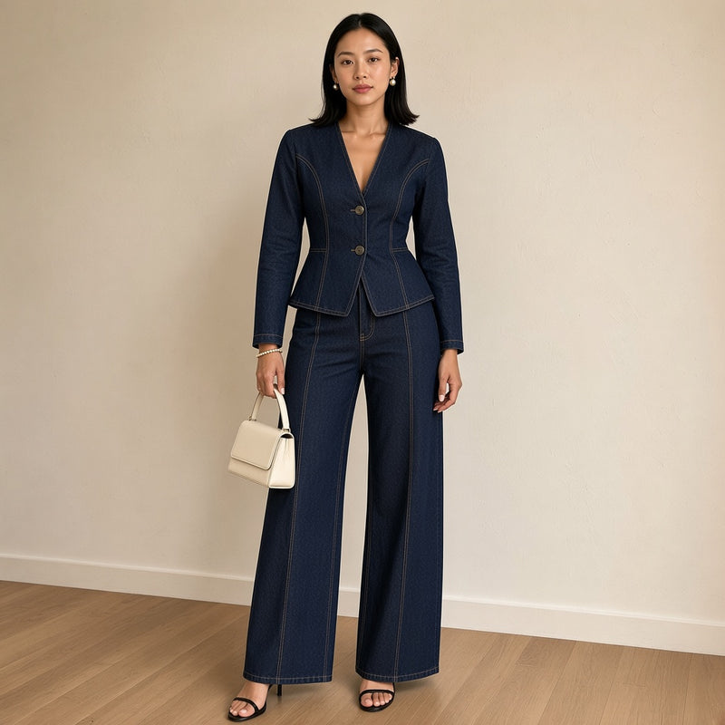 Ensemble en jean bleu foncé blazer cintré col V et pantalon large, vue de face en pied – SAKIWÉ