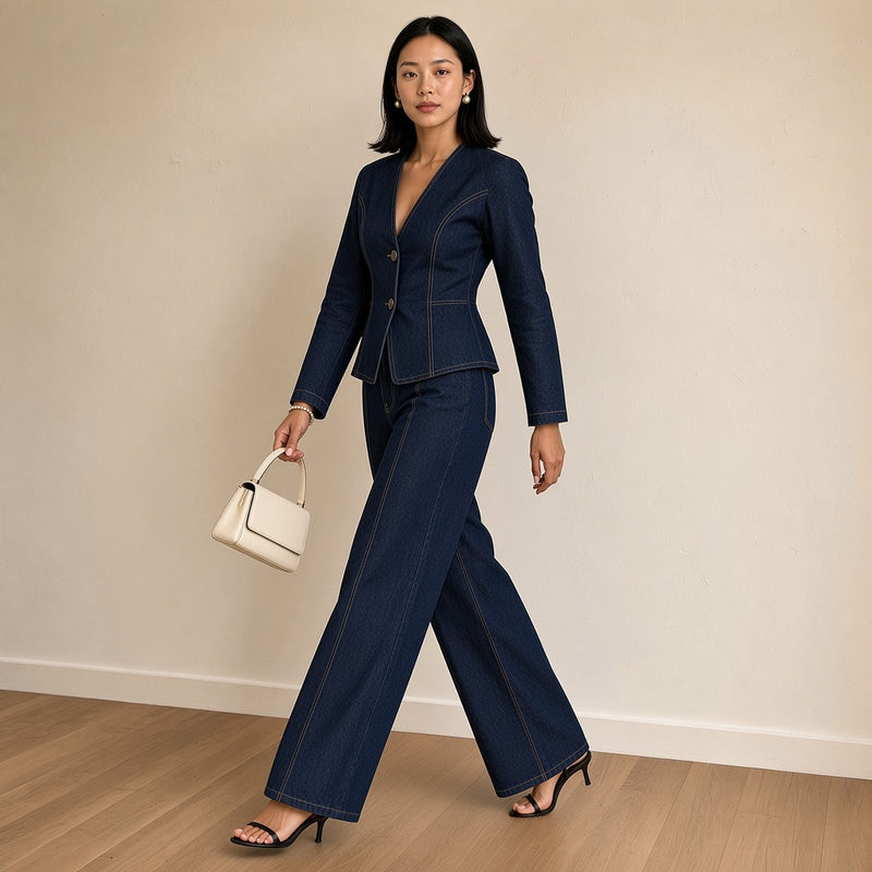 Ensemble blazer et pantalon en jean bleu foncé, de trois-quarts en marchant – SAKIWÉ