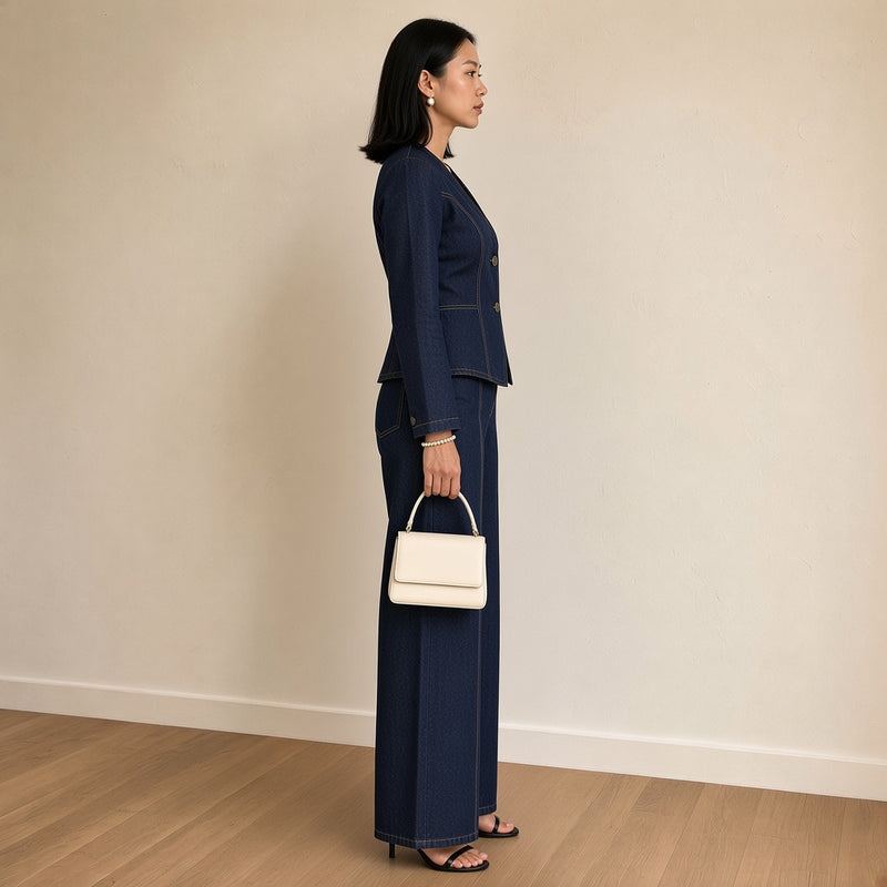 Ensemble blazer et pantalon en jean bleu foncé, vue de profil – SAKIWÉ
