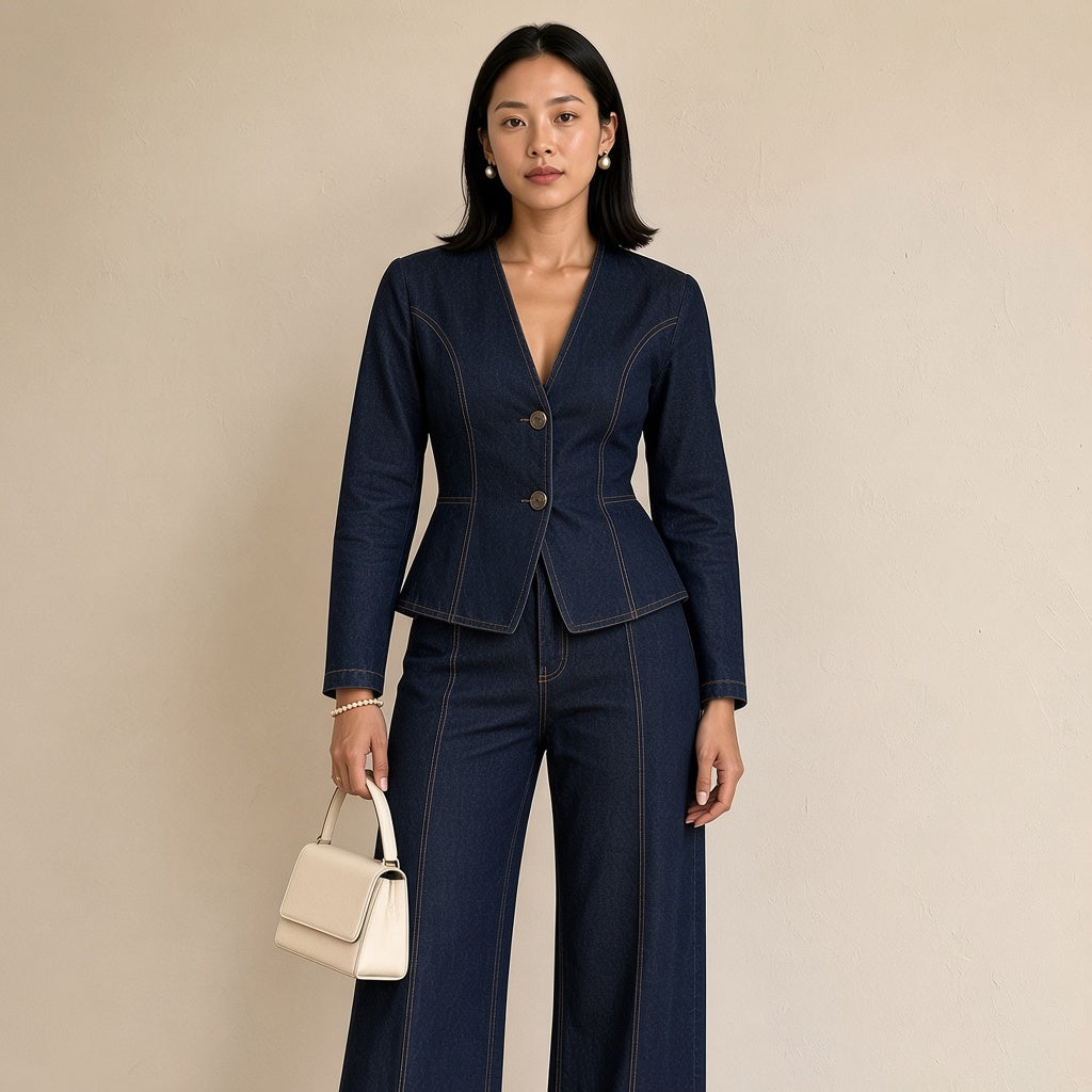 Ensemble blazer cintré et pantalon large en jean porté, plan jusqu'aux genoux – SAKIWÉ