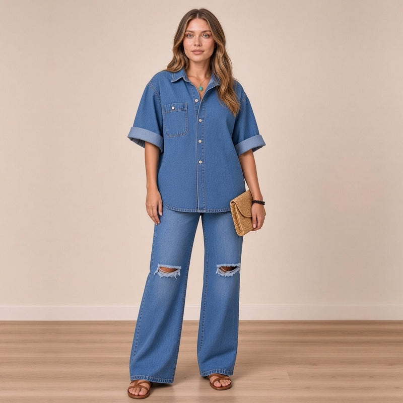 Ensemble en jean bleu chemise et jean large déchiré, vue de face en pied – SAKIWÉ