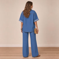 Ensemble en jean bleu chemise et jean large déchiré, vue de dos – SAKIWÉ