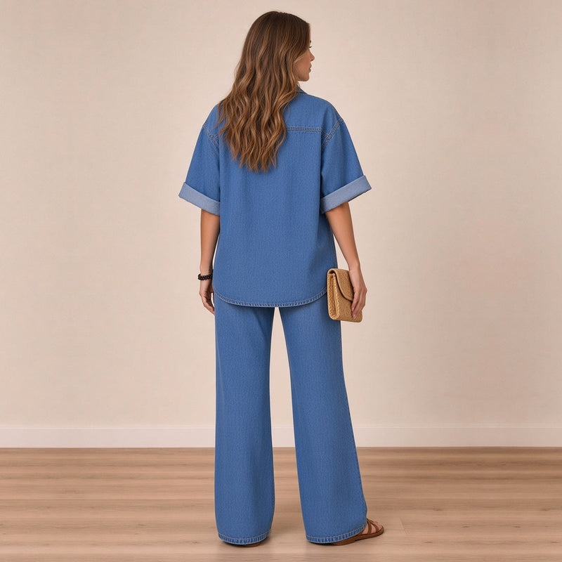 Ensemble en jean bleu chemise et jean large déchiré, vue de dos – SAKIWÉ