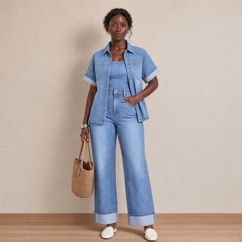 Ensemble en jean bleu délavé motif ton sur ton chemise et jean large à revers, vue de face en pied – SAKIWÉ