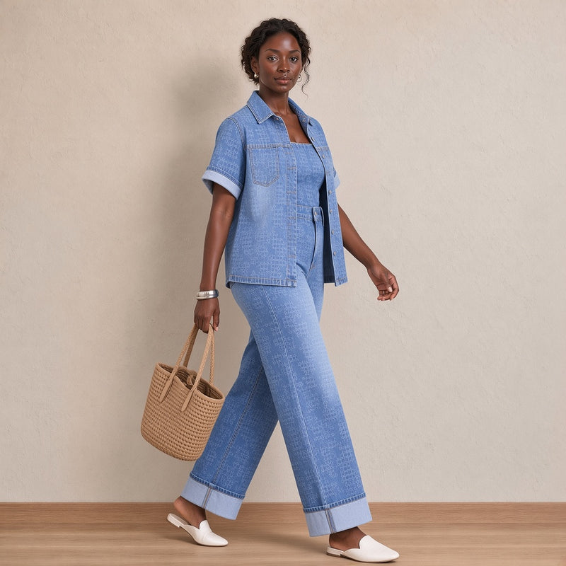 Ensemble en jean bleu délavé à motif, de trois-quarts en marchant – SAKIWÉ