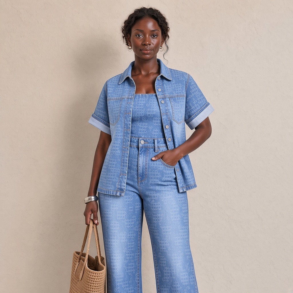 Ensemble en jean bleu délavé à motif porté, plan jusqu'aux genoux – SAKIWÉ
