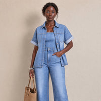 Ensemble en jean bleu délavé à motif porté, plan jusqu'aux genoux – SAKIWÉ