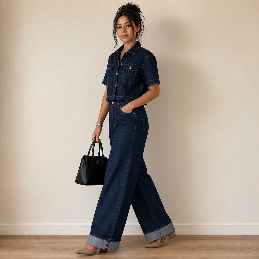 Ensemble en jean bleu foncé, de trois-quarts en marchant – SAKIWÉ