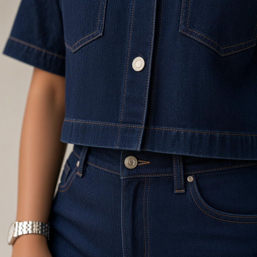 Détail des poches à rabat et du grain du denim bleu foncé – SAKIWÉ