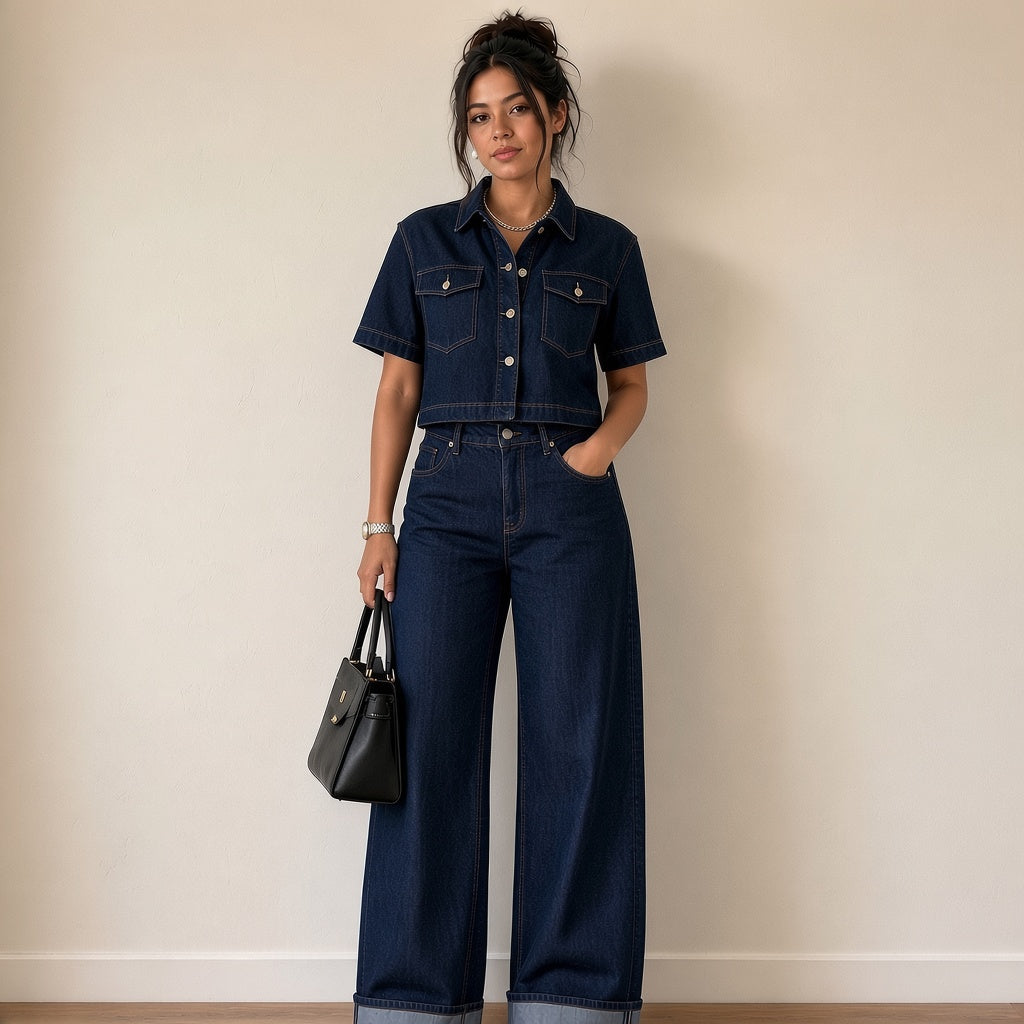 Ensemble en jean bleu foncé chemise courte et jean large porté, plan jusqu'aux genoux – SAKIWÉ