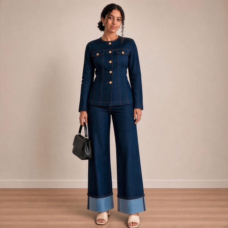 Ensemble en jean brut veste à boutons dorés et jean à revers, vue de face en pied – SAKIWÉ