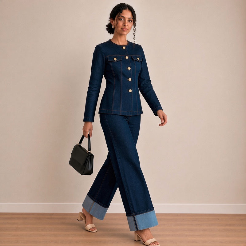 Ensemble en jean brut veste à boutons dorés, en marchant – SAKIWÉ