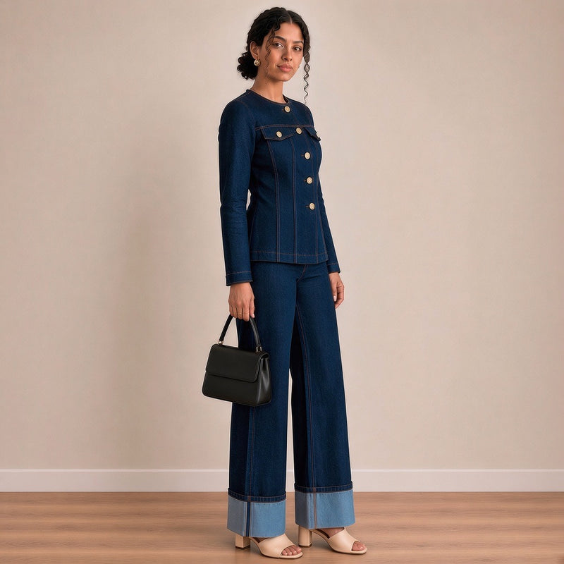 Ensemble en jean brut, vue de profil – SAKIWÉ
