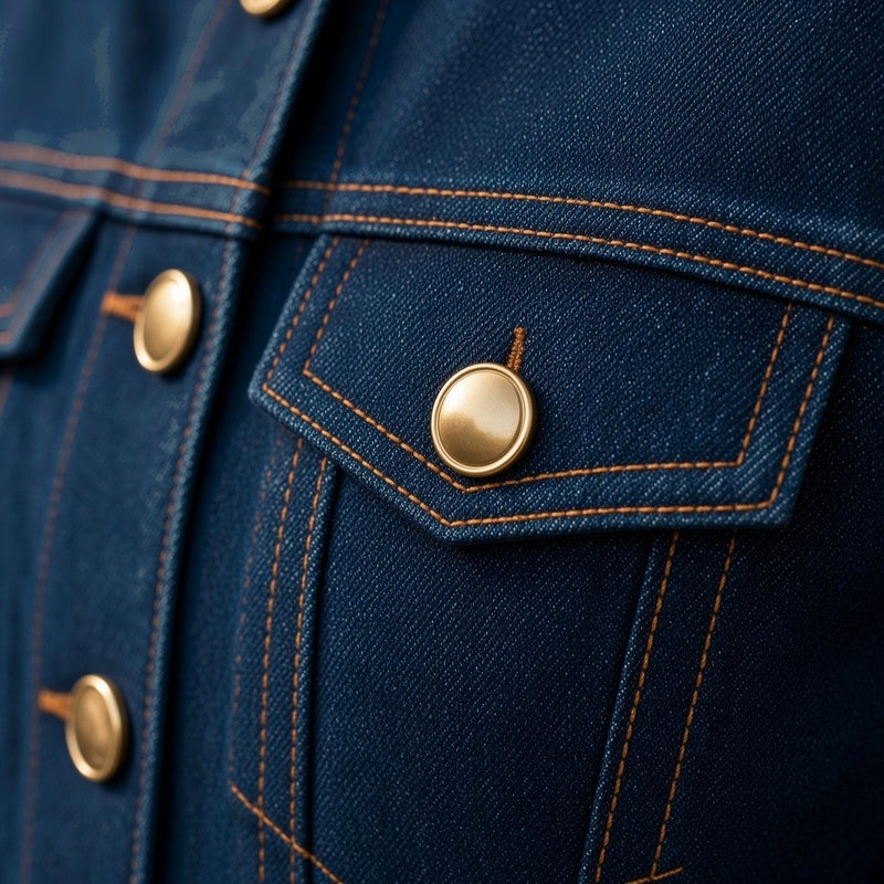 Détail de la poche à rabat, des boutons dorés et du grain du denim brut – SAKIWÉ