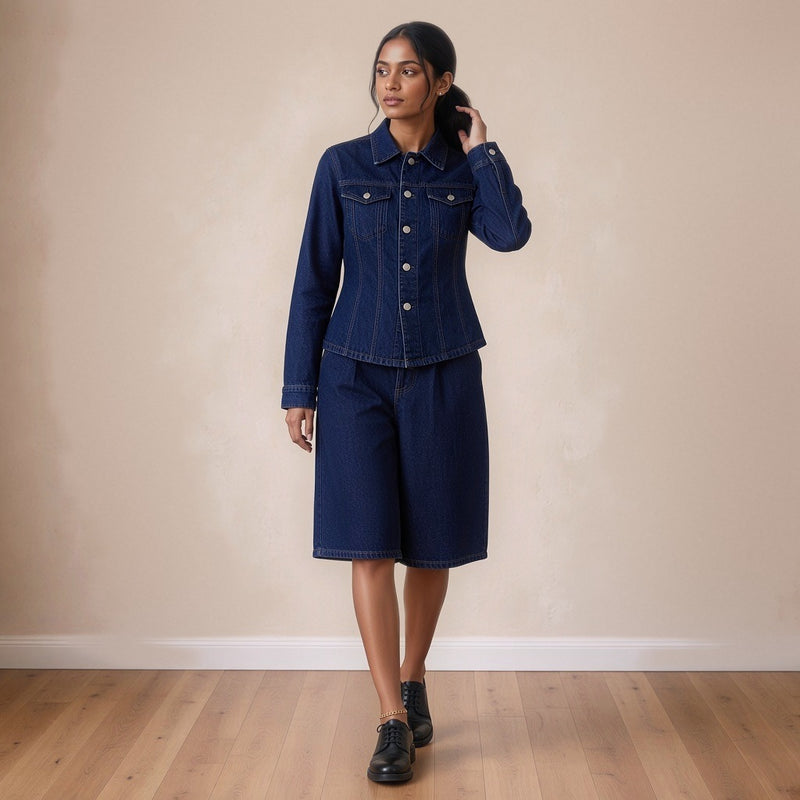Ensemble en jean brut veste et bermuda large porté en marchant – SAKIWÉ