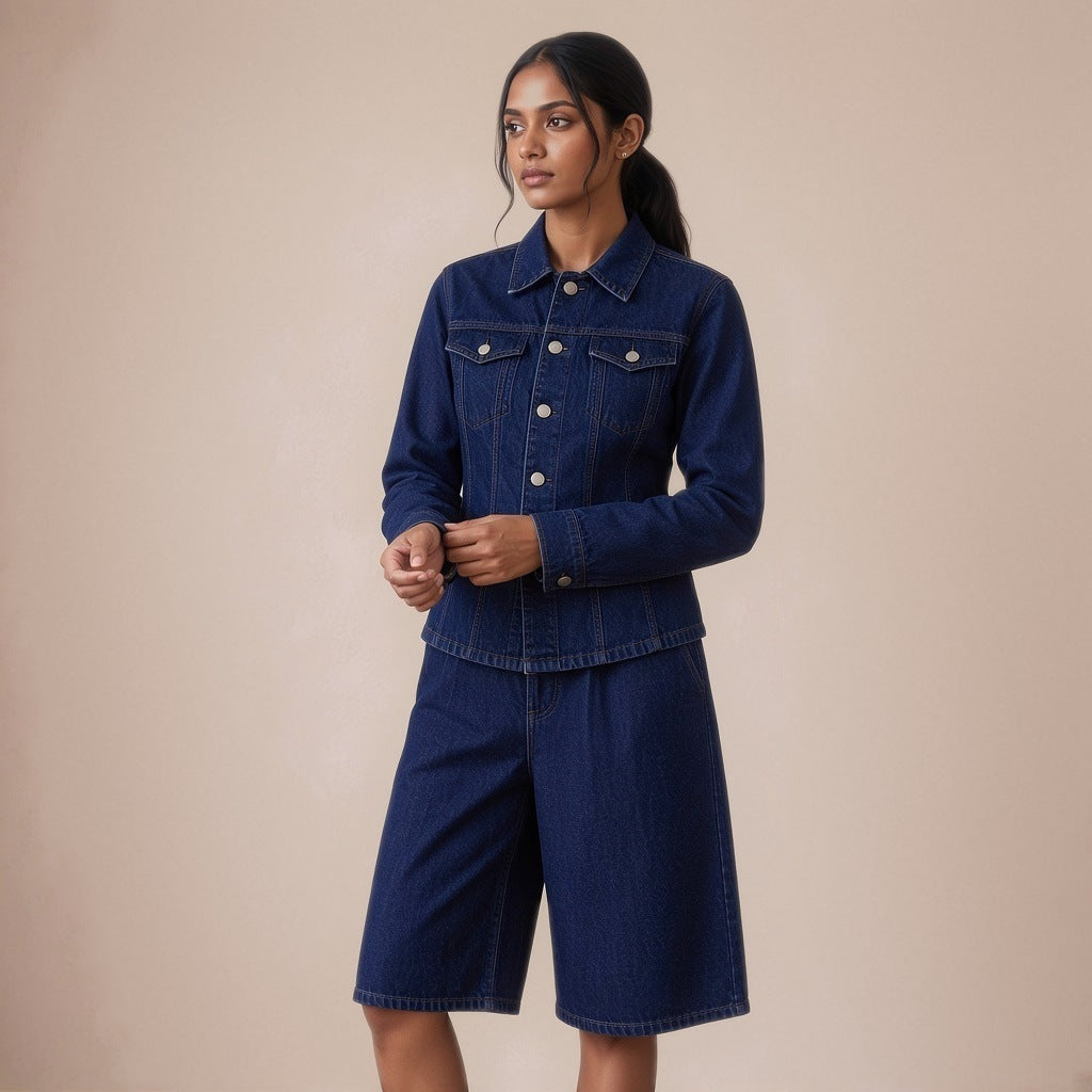 Veste en jean brut cintrée à poches à rabat et bermuda taille haute, plan mi-corps – SAKIWÉ