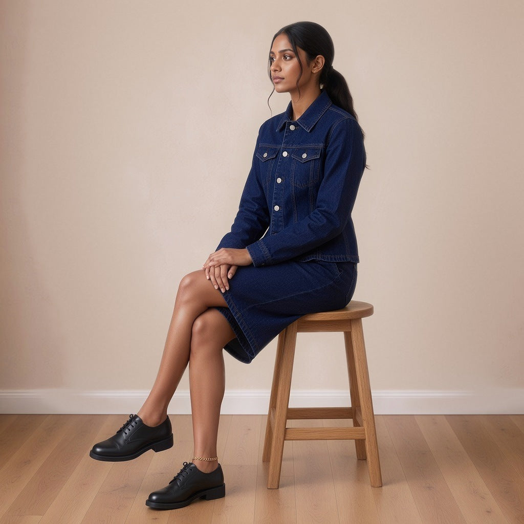 Ensemble en jean brut veste cintrée et bermuda porté assise, de profil – SAKIWÉ