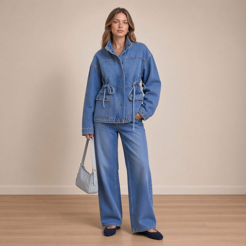 Ensemble en jean veste à coulisse nouée et jean large, vue de face en pied – SAKIWÉ