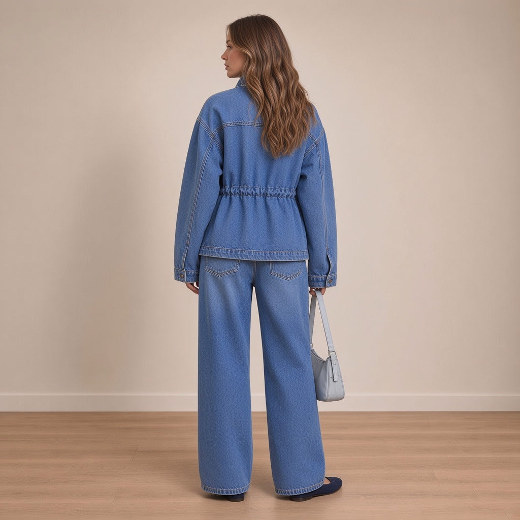 Ensemble en jean veste à coulisse, vue de dos – SAKIWÉ