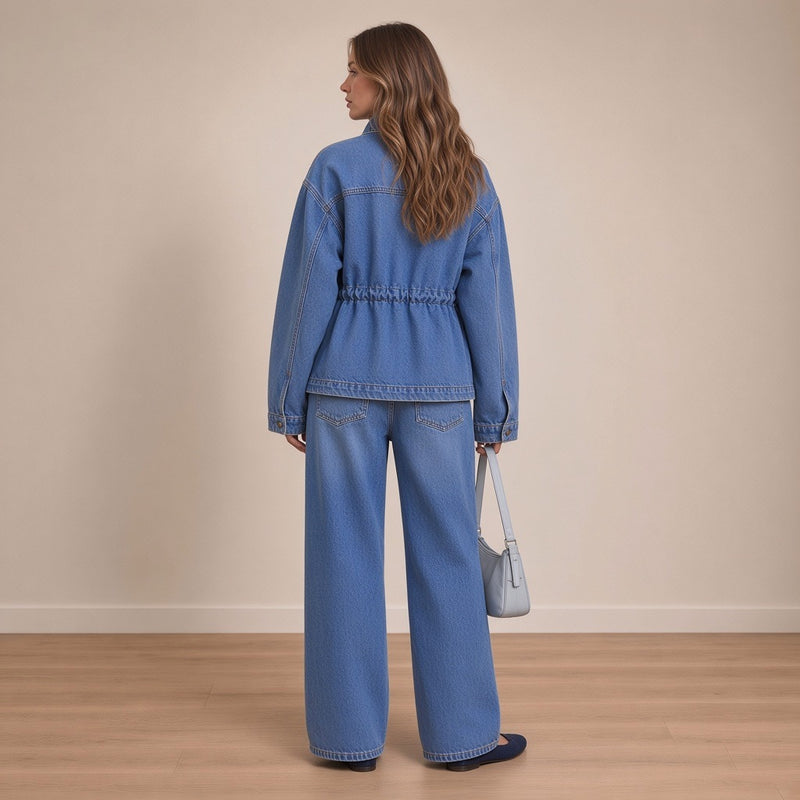 Ensemble en jean veste à coulisse, vue de dos – SAKIWÉ