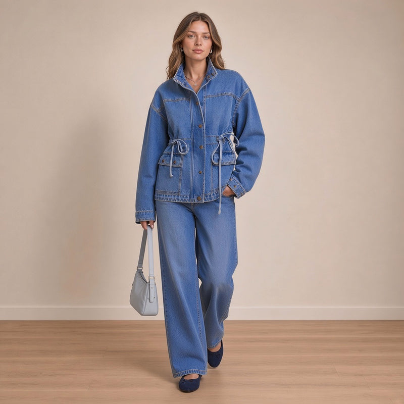 Ensemble en jean veste à coulisse et jean large, en marchant – SAKIWÉ