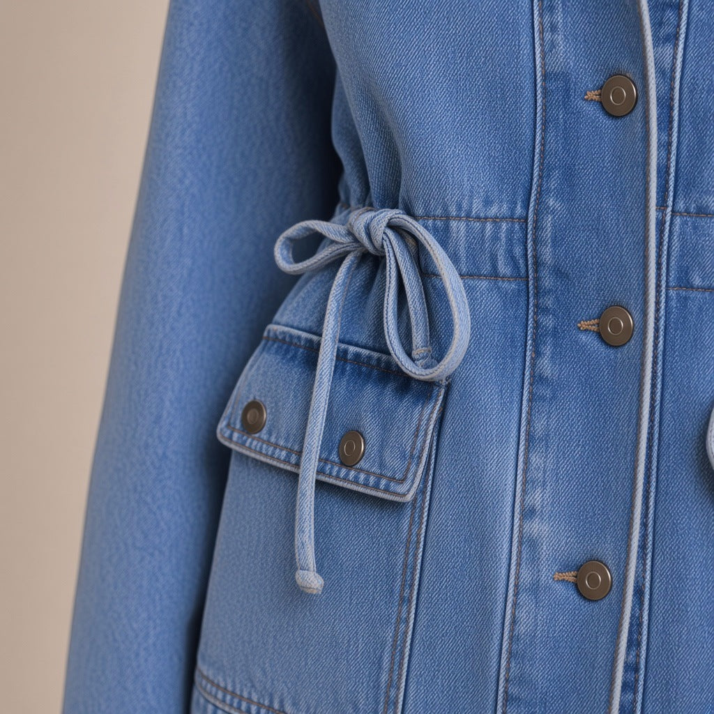 Détail des cordons noués, de la poche à rabat et du grain du denim délavé – SAKIWÉ