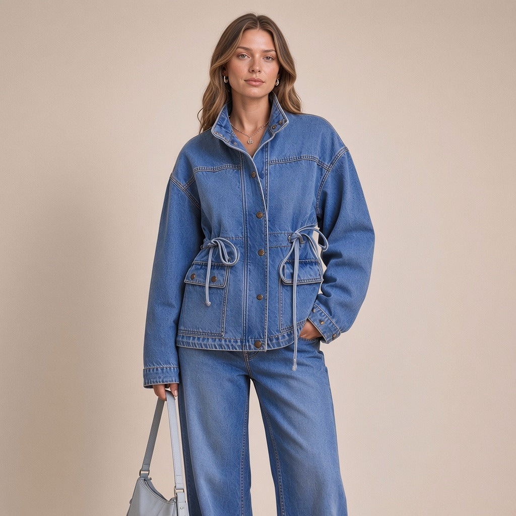Ensemble en jean veste à coulisse nouée porté, plan jusqu'aux genoux – SAKIWÉ