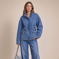 Ensemble en jean veste à coulisse nouée porté, plan jusqu'aux genoux – SAKIWÉ