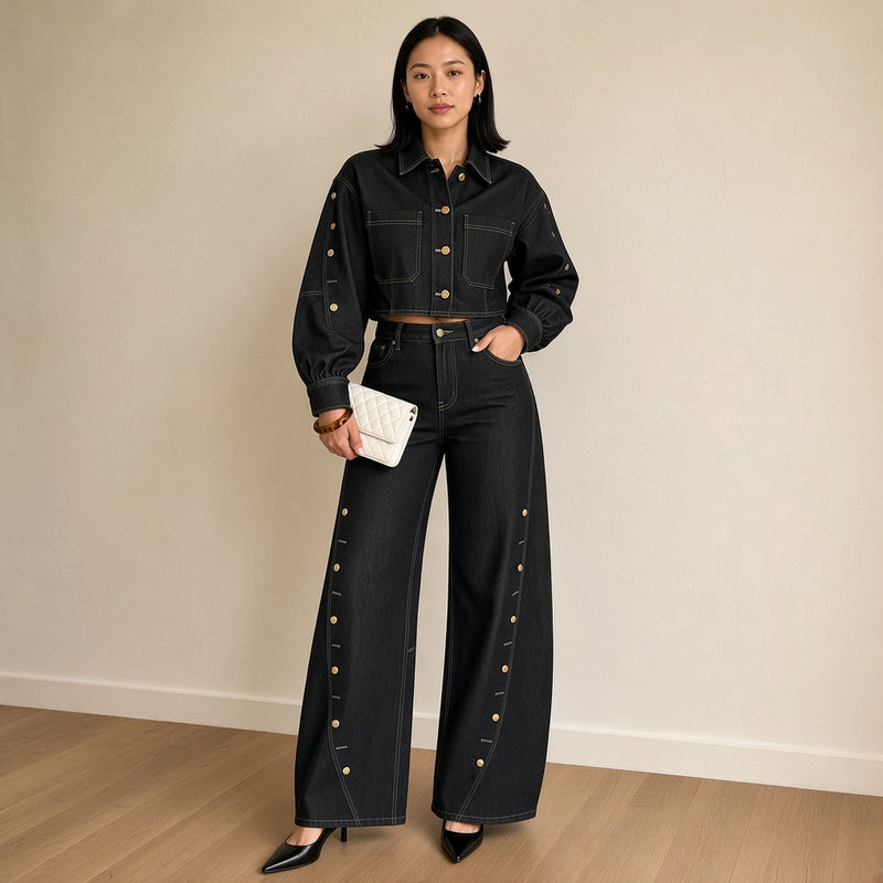 Ensemble en jean noir veste courte et jean large à boutons dorés, vue de face en pied – SAKIWÉ