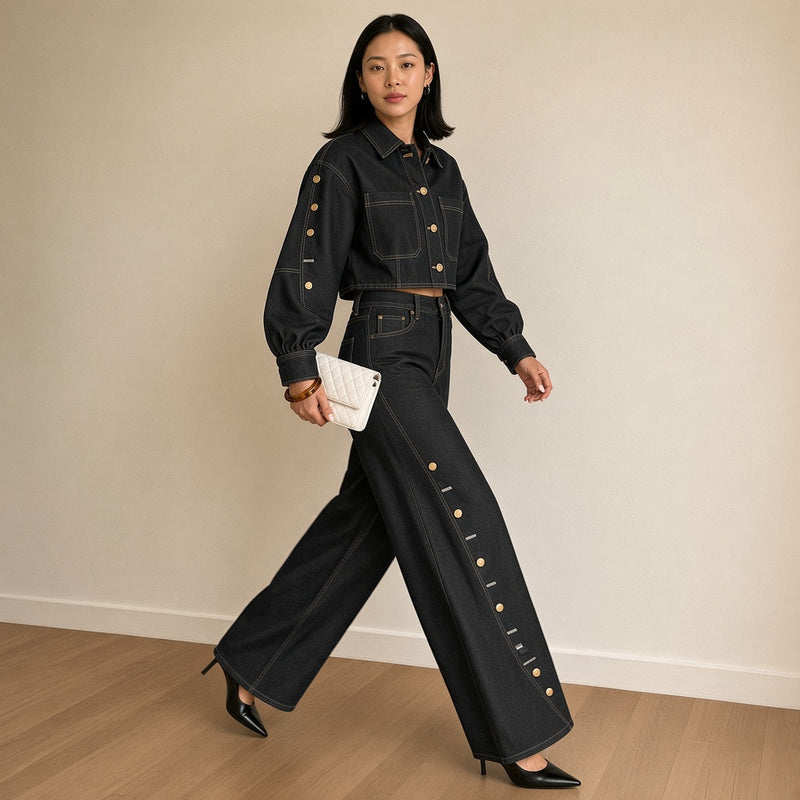 Ensemble en jean noir, de trois-quarts en marchant – SAKIWÉ