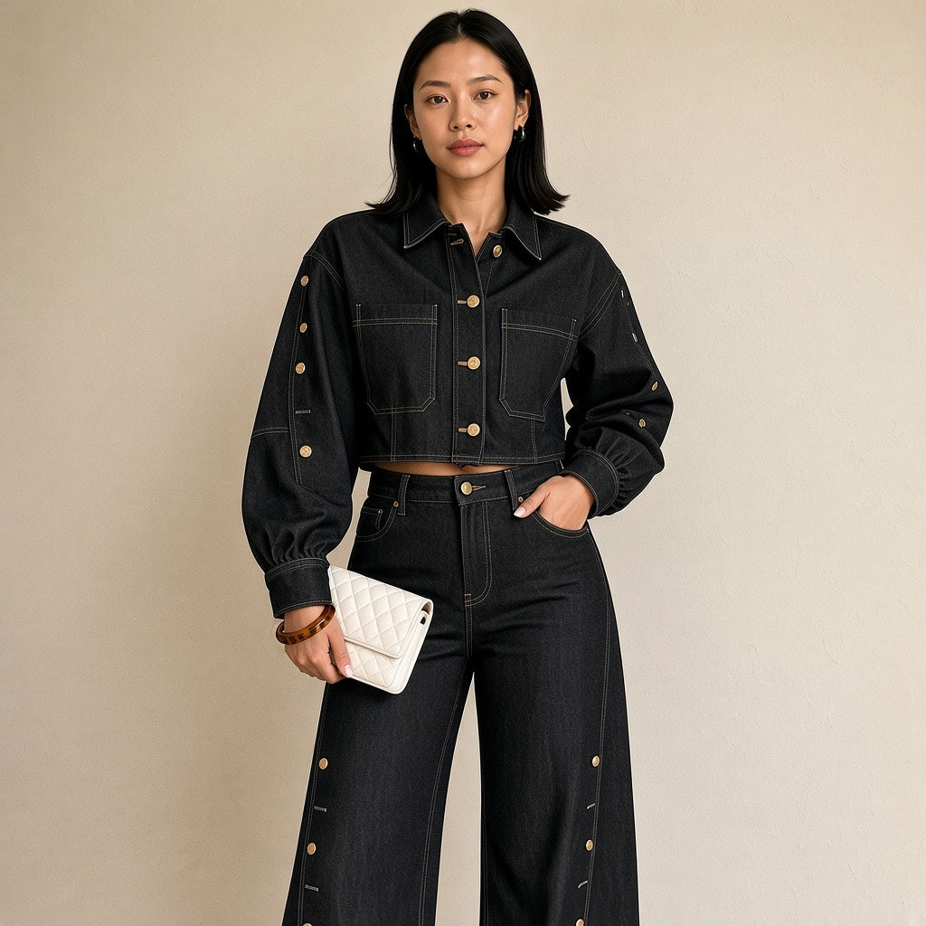 Ensemble en jean noir veste courte et jean large porté, plan jusqu'aux genoux – SAKIWÉ