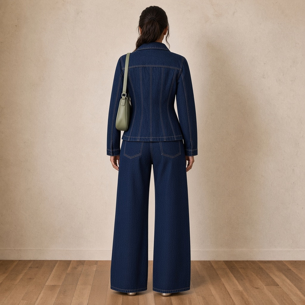 Ensemble en jean veste cintrée et jean large, vue de dos – SAKIWÉ