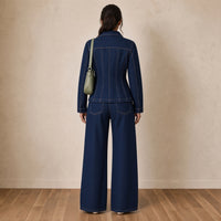 Ensemble en jean veste cintrée et jean large, vue de dos – SAKIWÉ