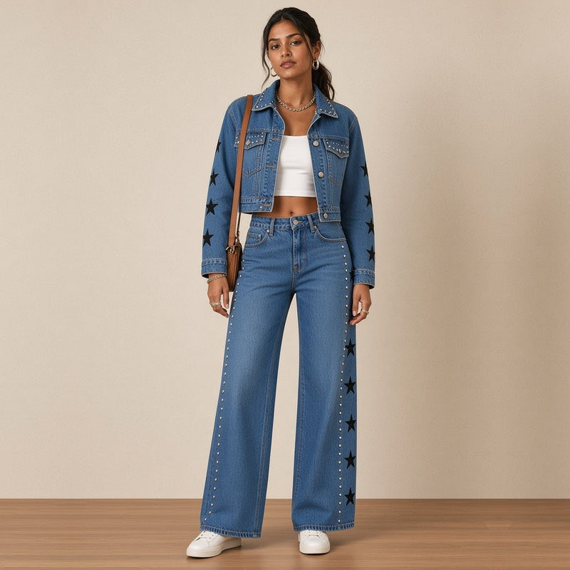Ensemble en jean veste cloutée et jean large à étoiles, vue de face en pied – SAKIWÉ