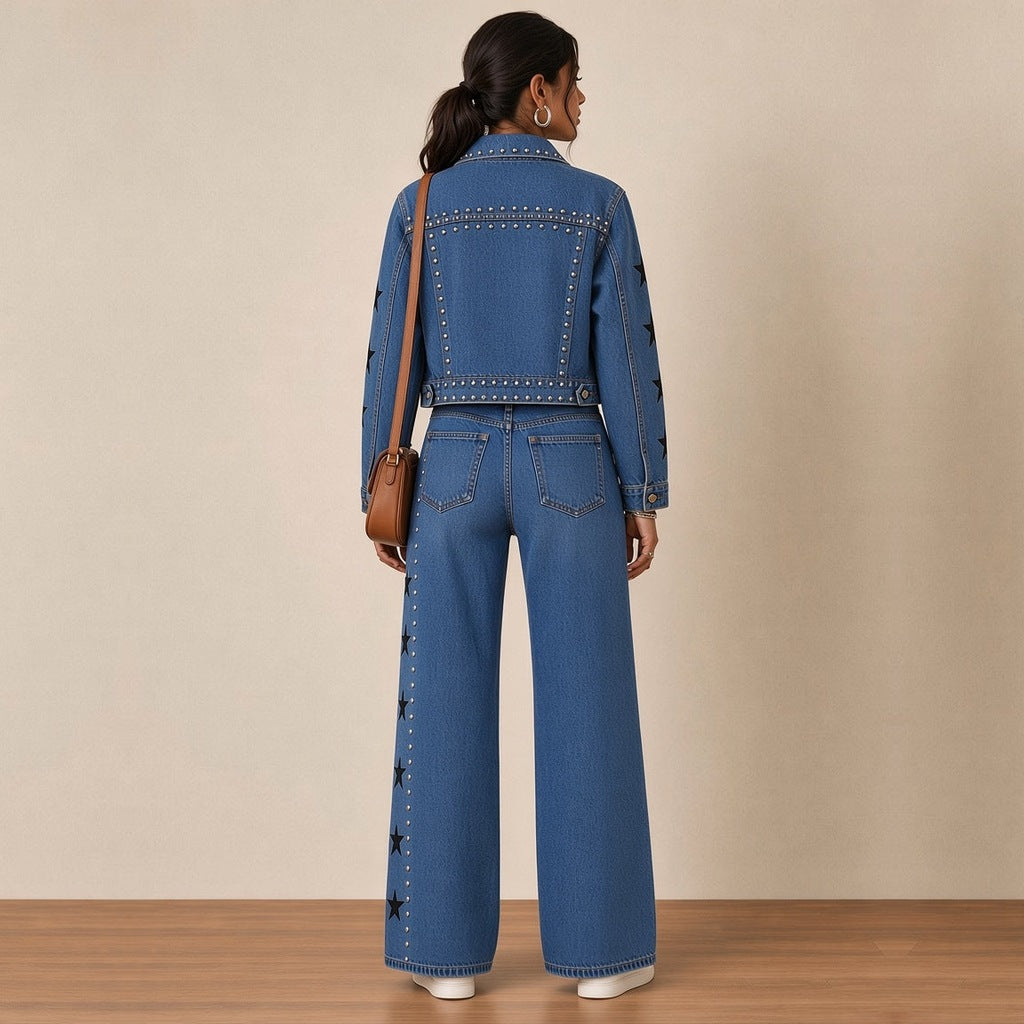 Ensemble en jean veste cloutée à étoiles, vue de dos – SAKIWÉ
