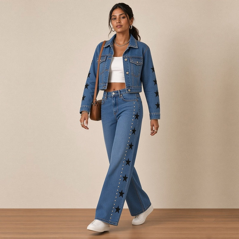 Ensemble en jean veste cloutée et jean large à étoiles, de trois-quarts en marchant – SAKIWÉ