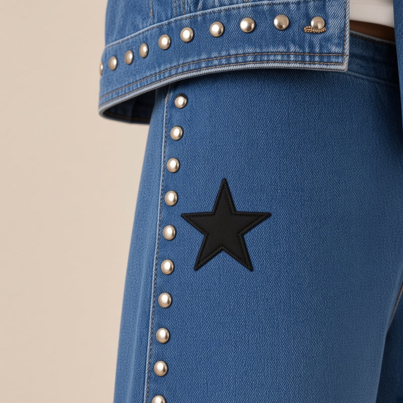 Détail des clous argentés, de l'étoile brodée et du grain du denim – SAKIWÉ